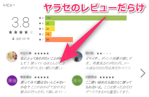 ヤラセのレビューが掲載されている出会いアプリのページ